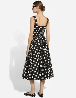 Cotton calf-length corset dress with polka-dot print