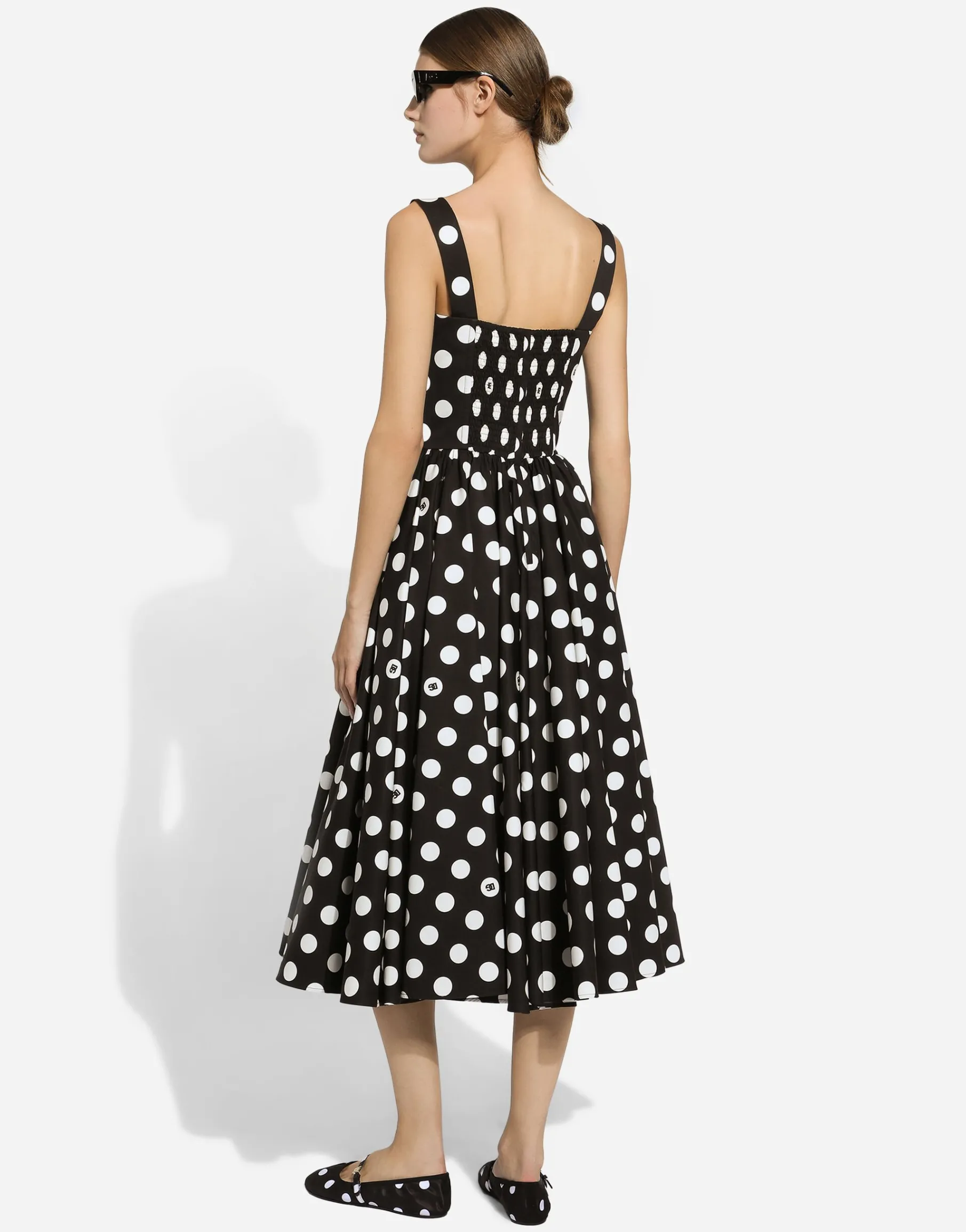 Cotton calf-length corset dress with polka-dot print