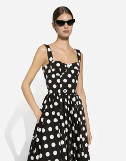 Cotton calf-length corset dress with polka-dot print