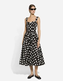 Cotton calf-length corset dress with polka-dot print