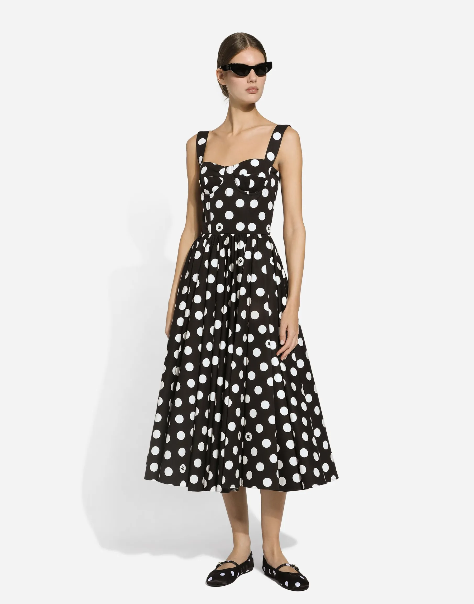 Cotton calf-length corset dress with polka-dot print
