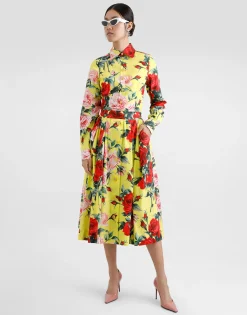 Cotton calf-length skirt with bouquet print