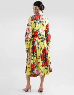 Cotton calf-length skirt with bouquet print