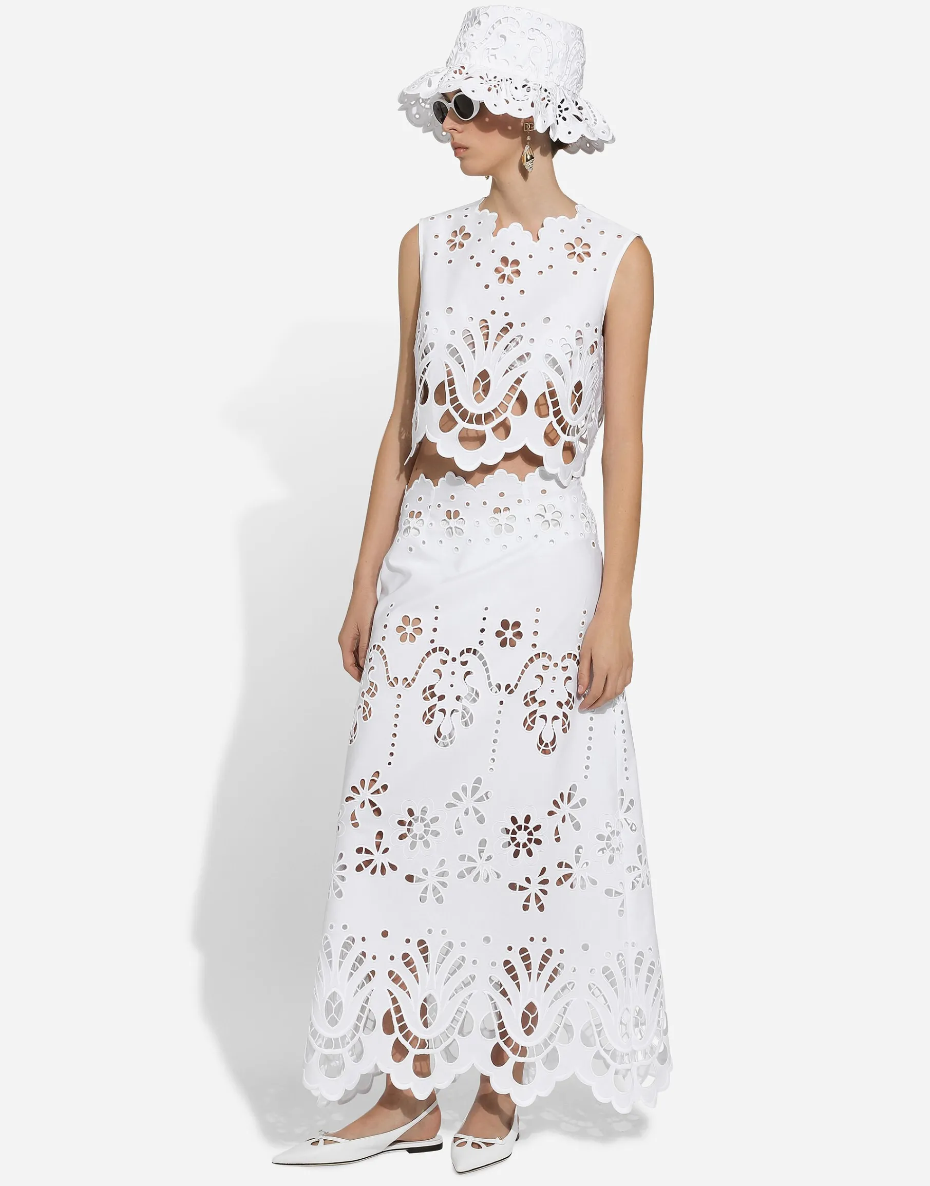 Cotton calf-length skirt with cut-out detailing
