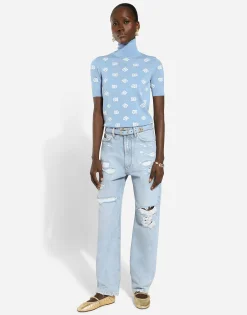 Cotton denim boyfriend jeans with rips