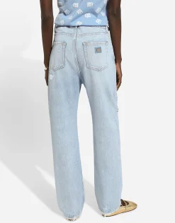 Cotton denim boyfriend jeans with rips