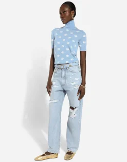Cotton denim boyfriend jeans with rips