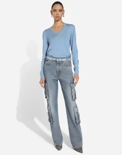 Cotton denim cargo jeans