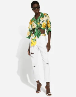 Cotton denim jeans with rips