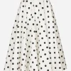 Cotton drill calf-length circle skirt with polka-dot print