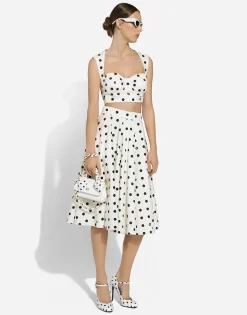 Cotton drill calf-length circle skirt with polka-dot print