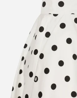 Cotton drill calf-length circle skirt with polka-dot print