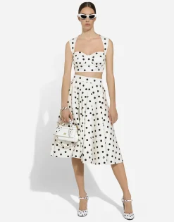 Cotton drill calf-length circle skirt with polka-dot print