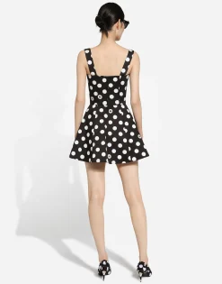 Cotton drill corset minidress with polka-dot print