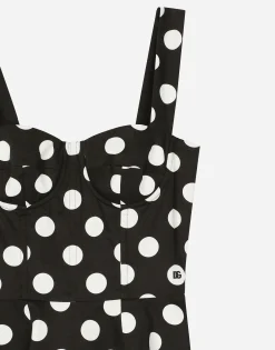 Cotton drill corset minidress with polka-dot print