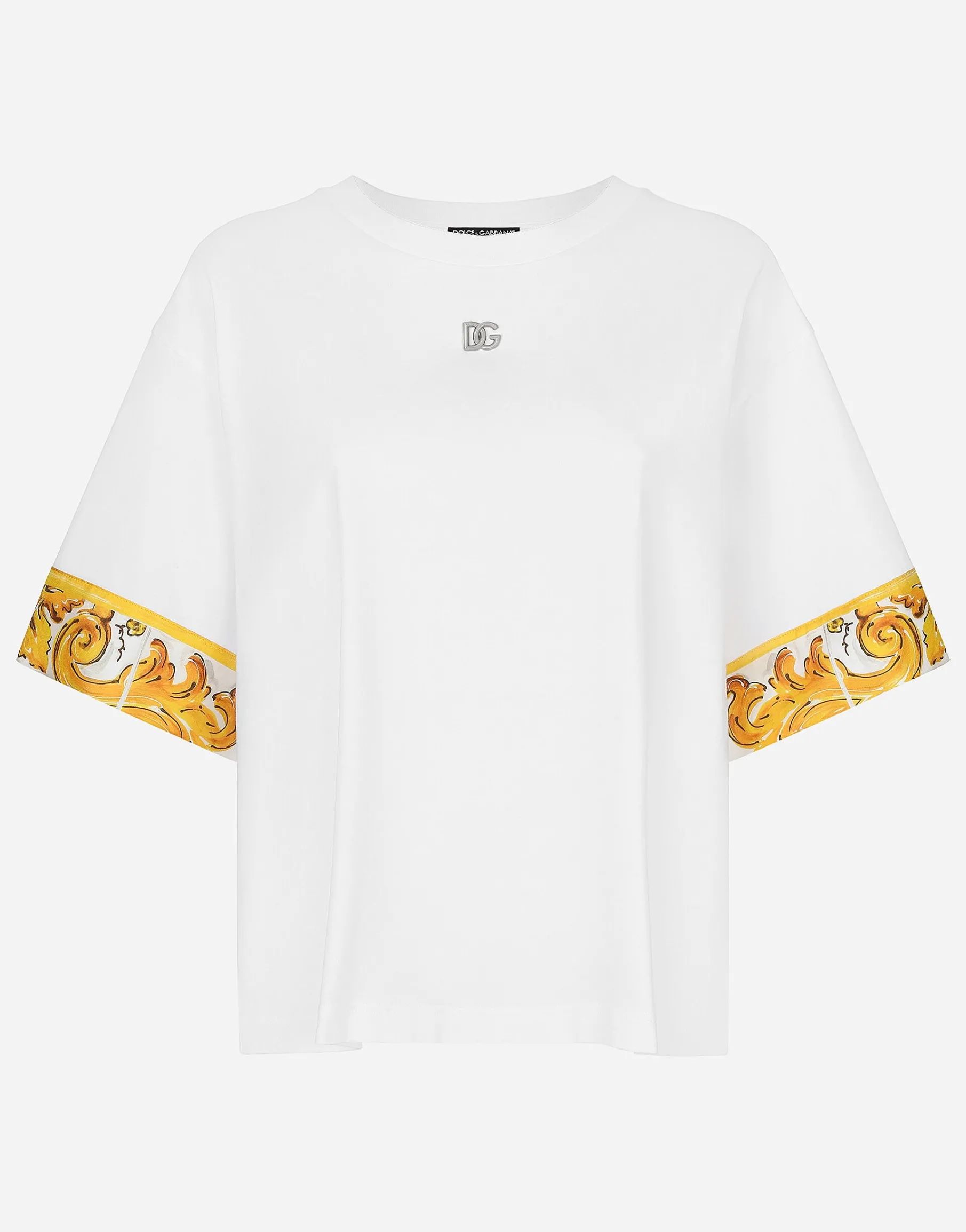 Cotton jersey T-shirt with majolica-print silk twill details