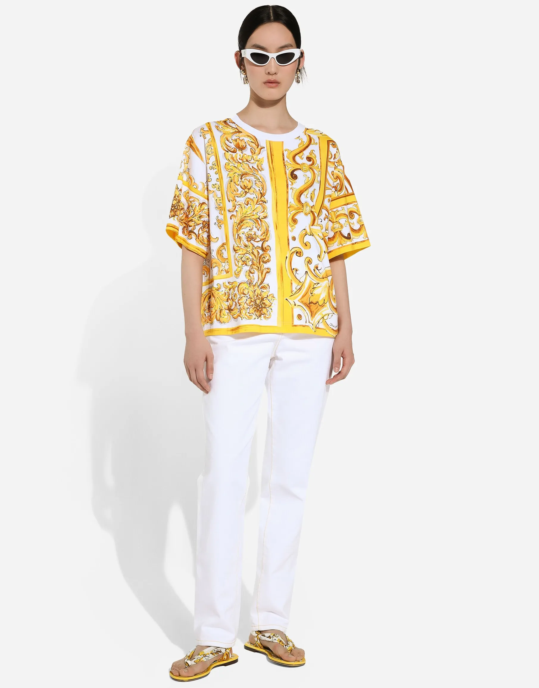 Cotton jersey T-shirt with majolica print