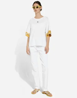 Cotton jersey T-shirt with majolica-print silk twill details