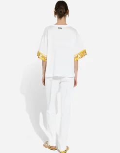 Cotton jersey T-shirt with majolica-print silk twill details