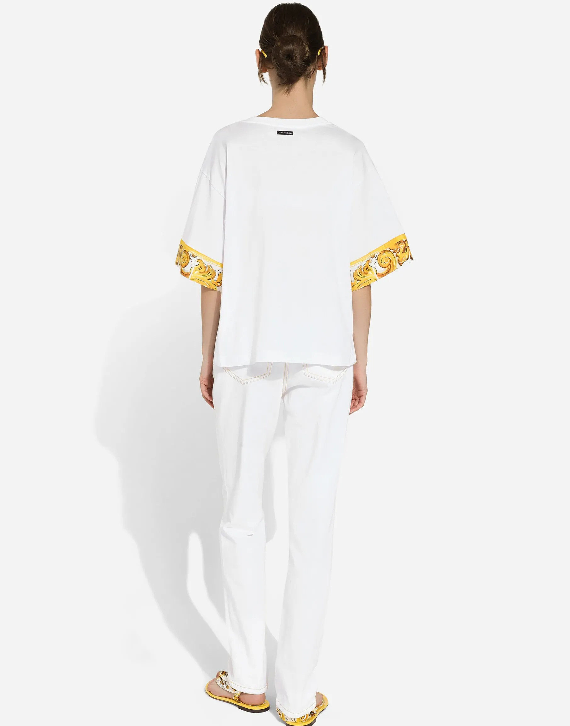 Cotton jersey T-shirt with majolica-print silk twill details