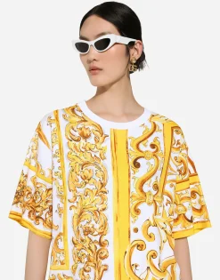 Cotton jersey T-shirt with majolica print