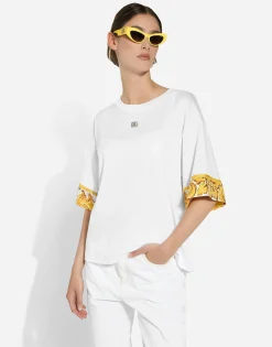 Cotton jersey T-shirt with majolica-print silk twill details