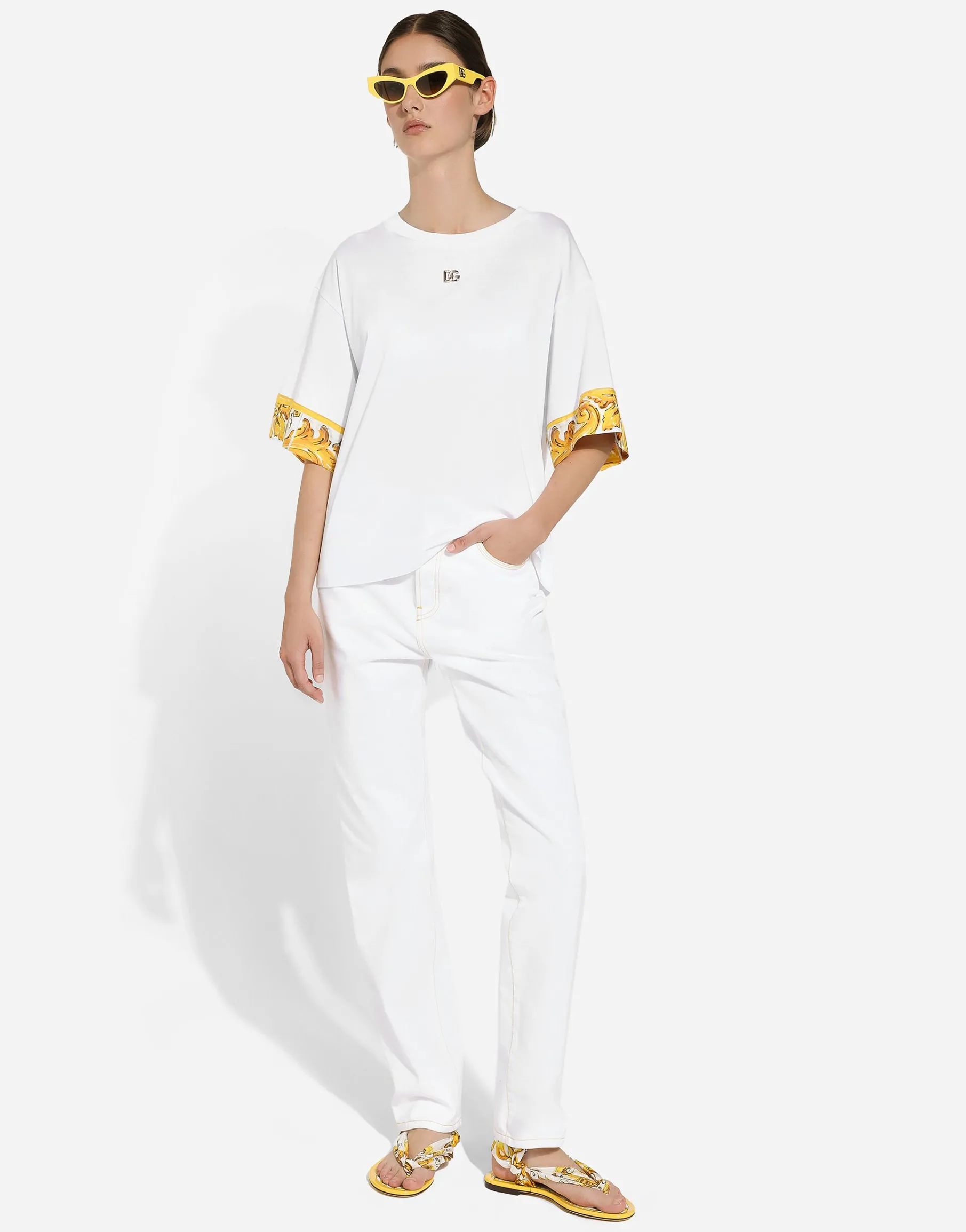 Cotton jersey T-shirt with majolica-print silk twill details