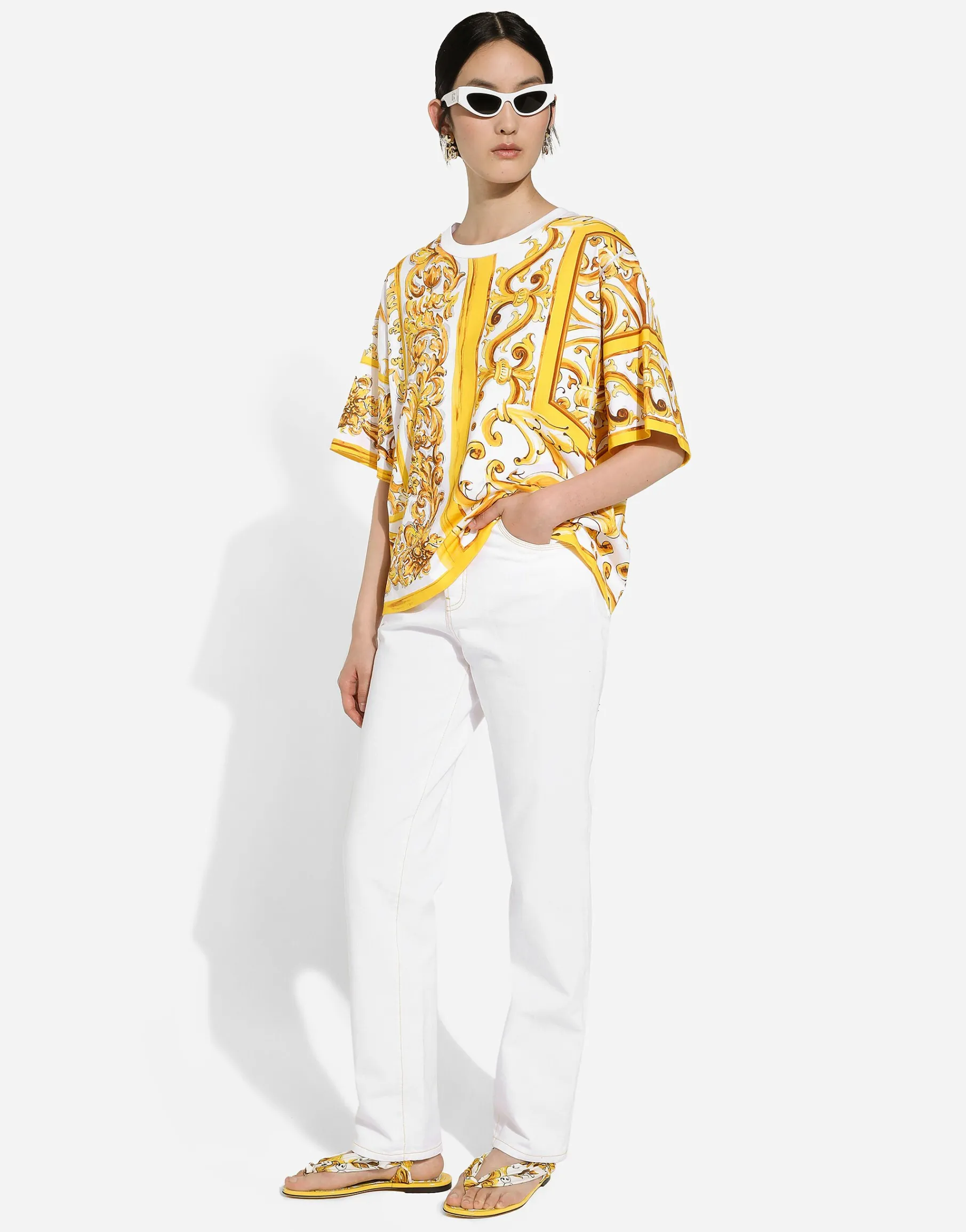 Cotton jersey T-shirt with majolica print