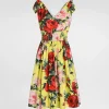 Cotton midi dress with bouquet print and tie details