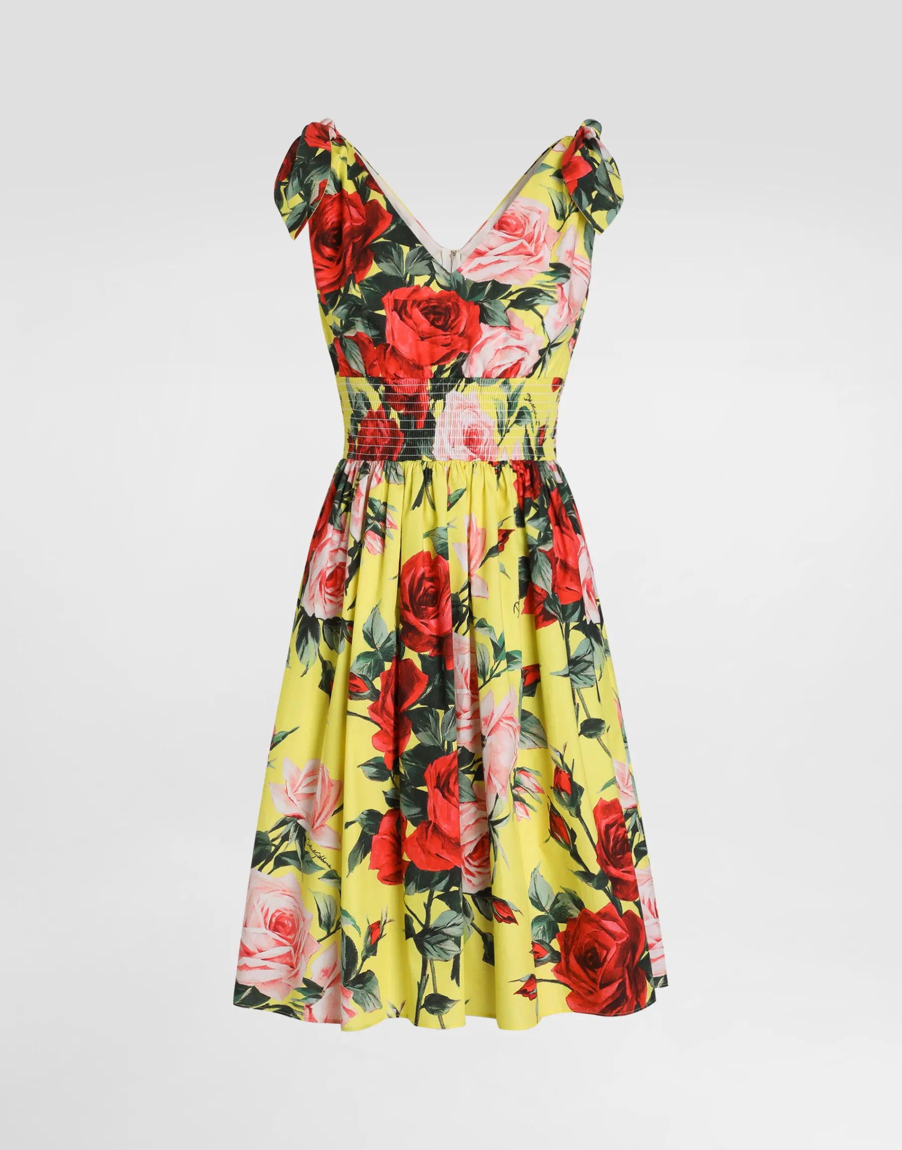 Cotton midi dress with bouquet print and tie details