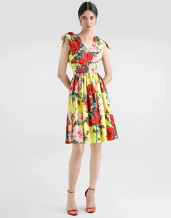 Cotton midi dress with bouquet print and tie details