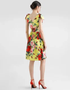 Cotton midi dress with bouquet print and tie details