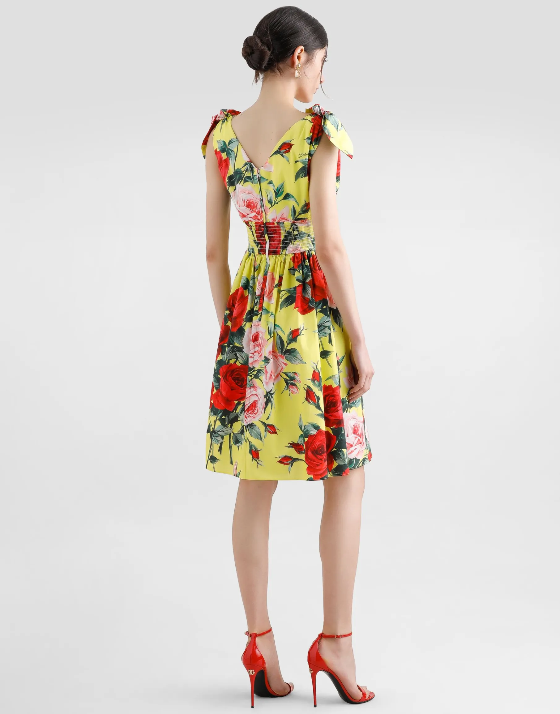 Cotton midi dress with bouquet print and tie details