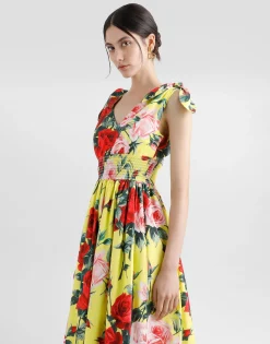 Cotton midi dress with bouquet print and tie details