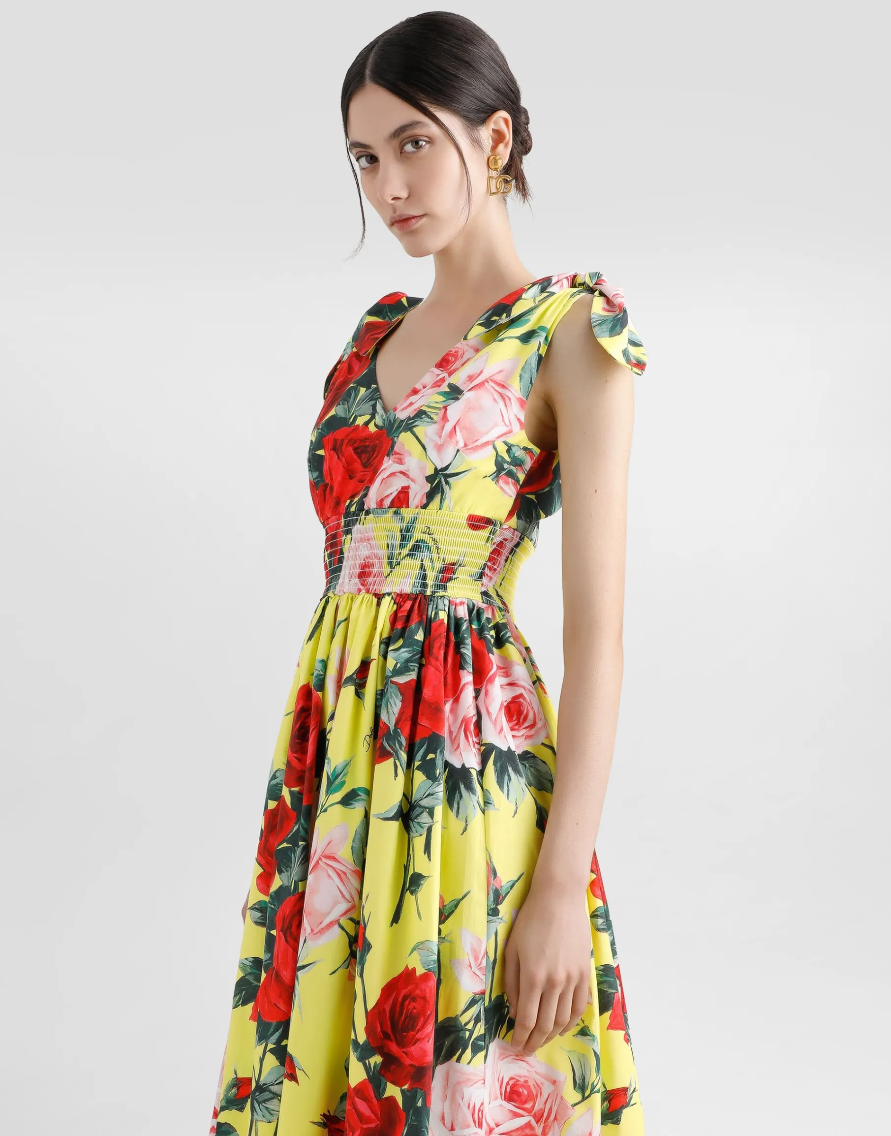 Cotton midi dress with bouquet print and tie details