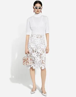 Cotton midi skirt with floral openwork detailing