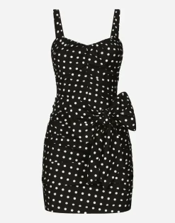 Cotton minidress with polka-dot print and bow detail