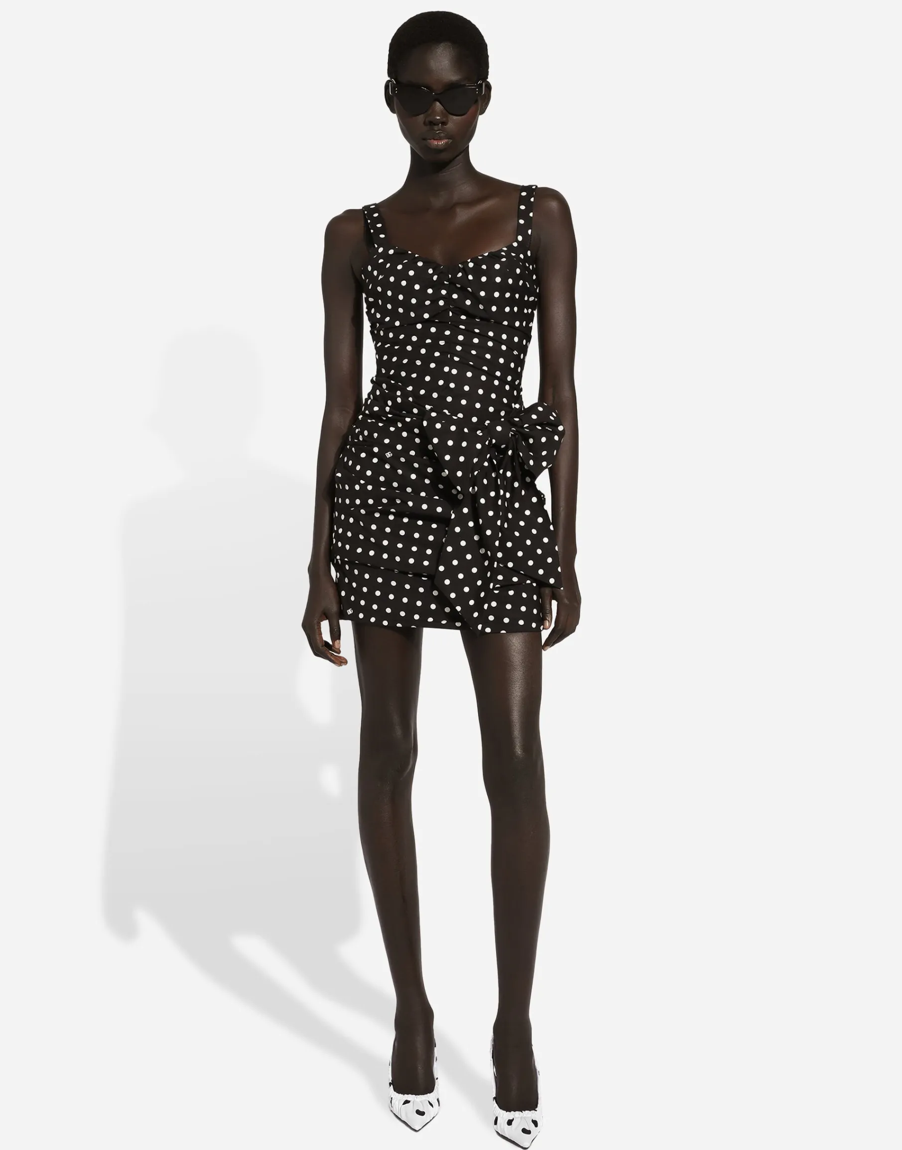 Cotton minidress with polka-dot print and bow detail