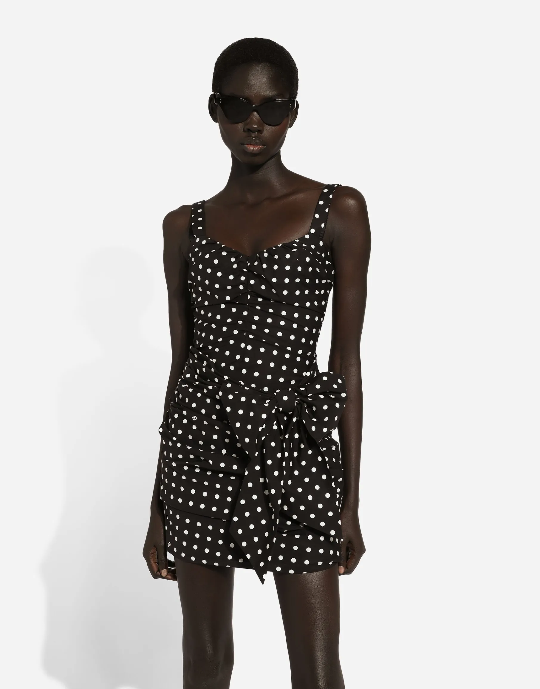 Cotton minidress with polka-dot print and bow detail