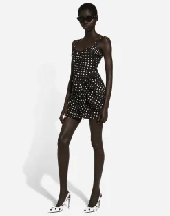 Cotton minidress with polka-dot print and bow detail