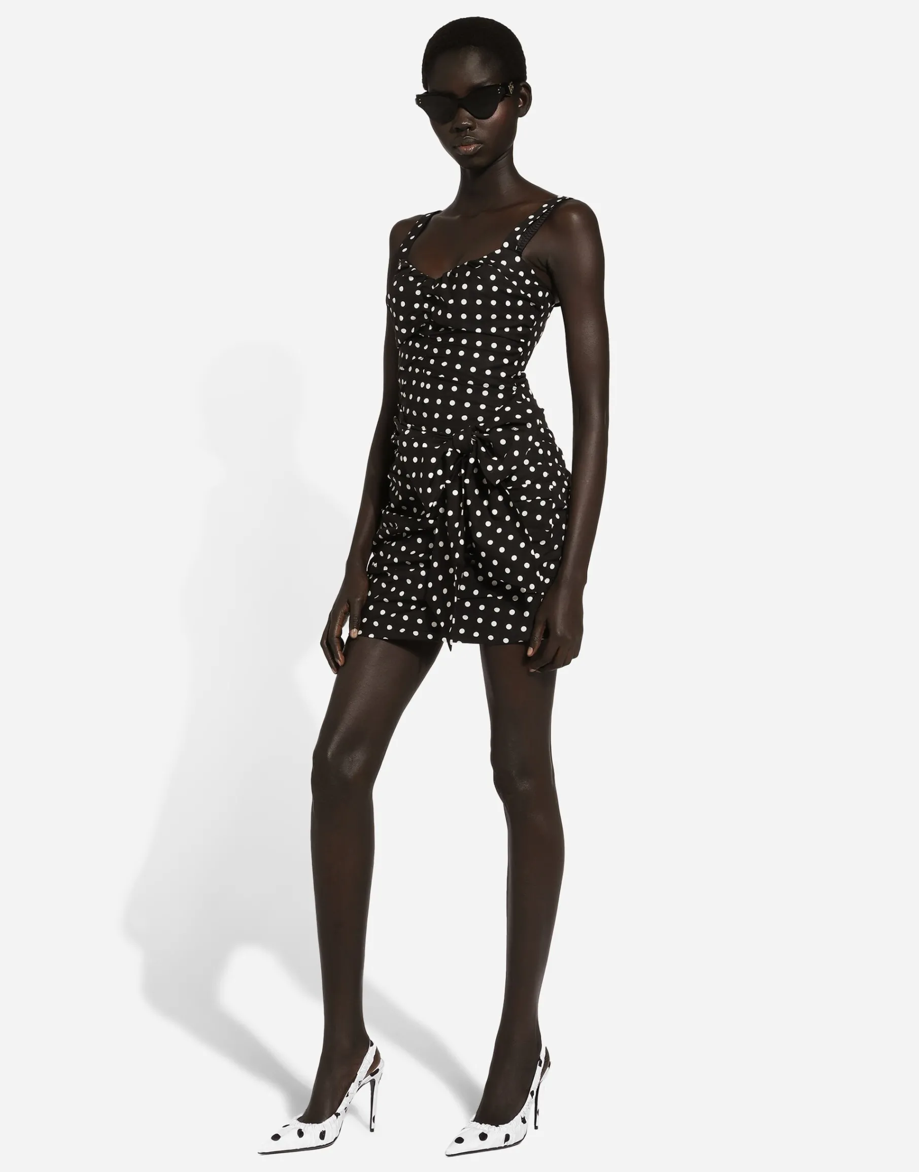 Cotton minidress with polka-dot print and bow detail
