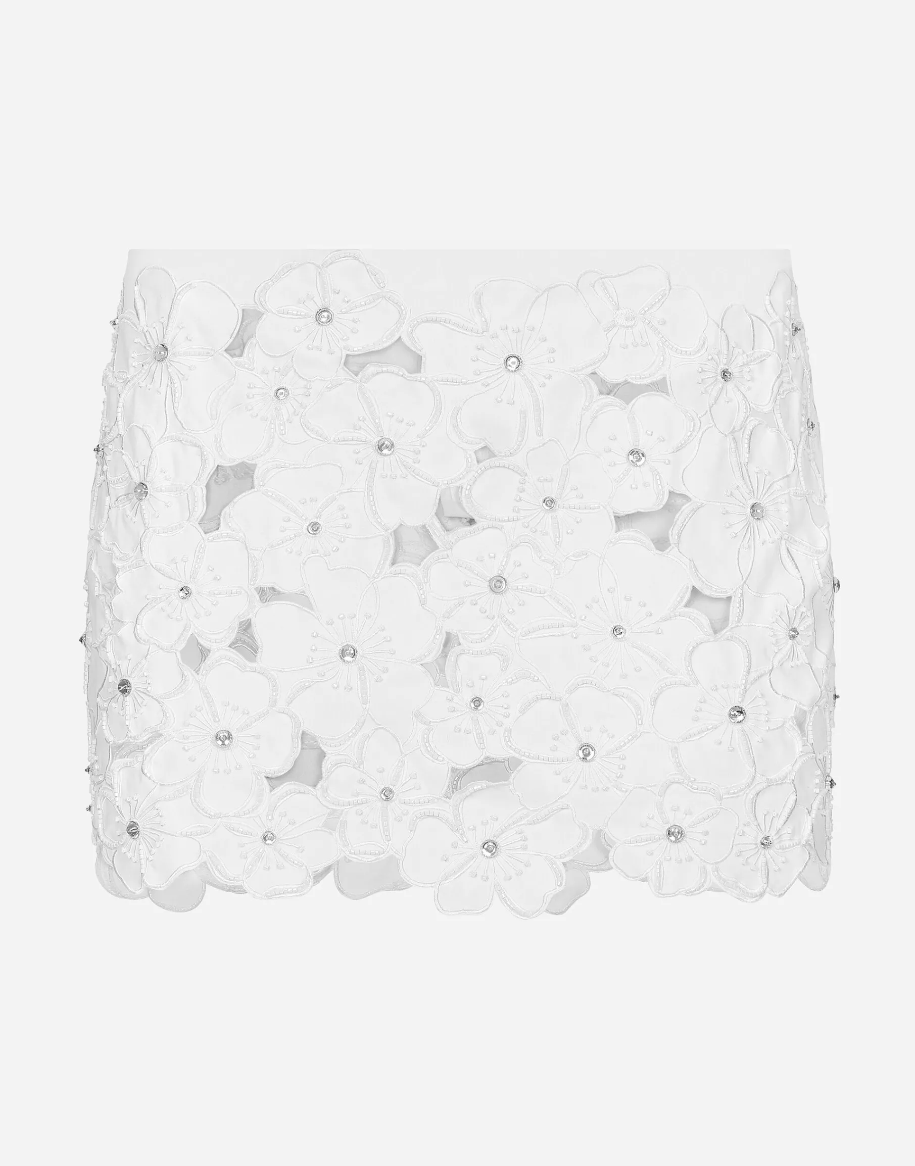 Cotton miniskirt with floral embroidery and rhinestone embellishment