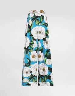 Cotton palazzo pants with gardenia print