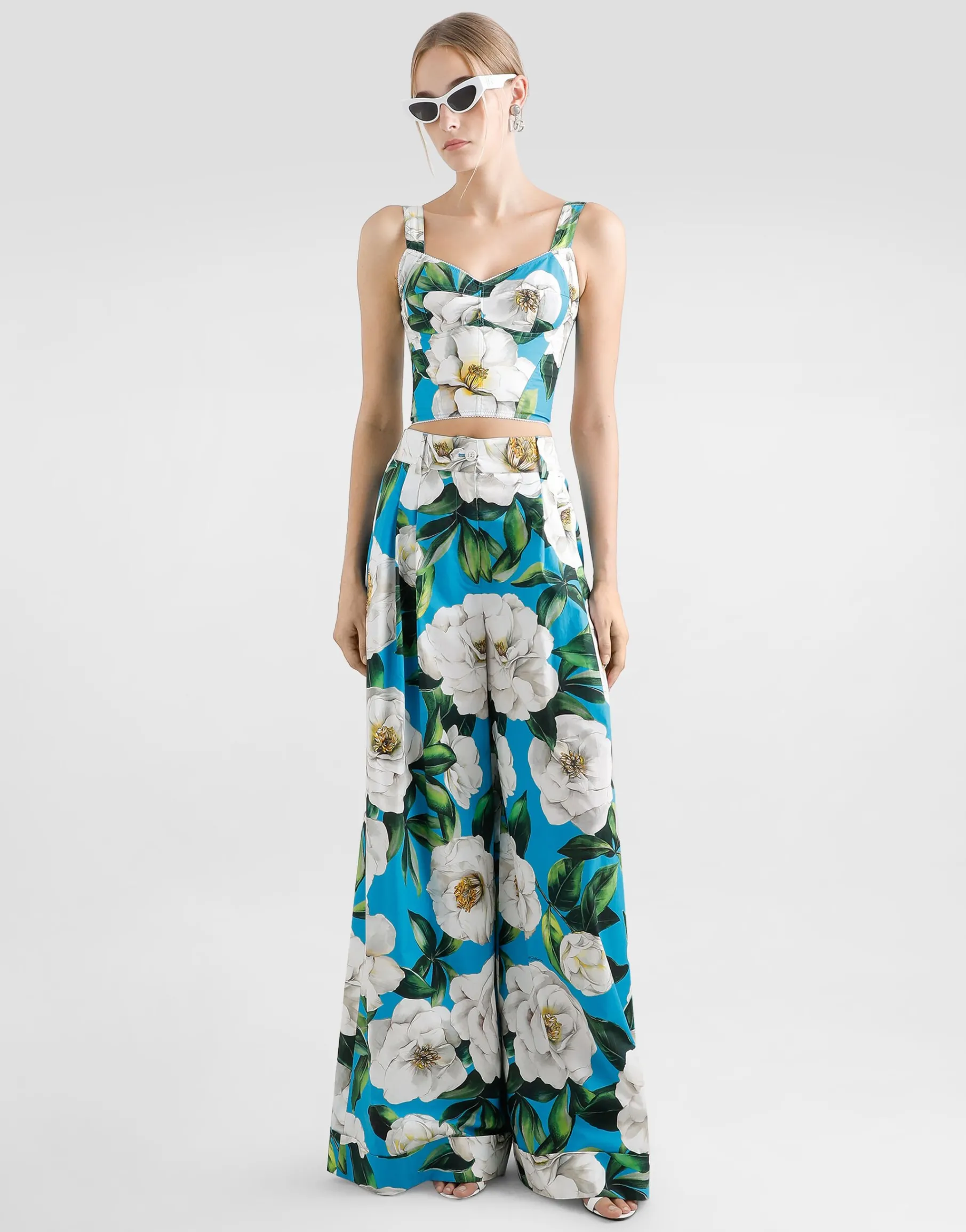 Cotton palazzo pants with gardenia print