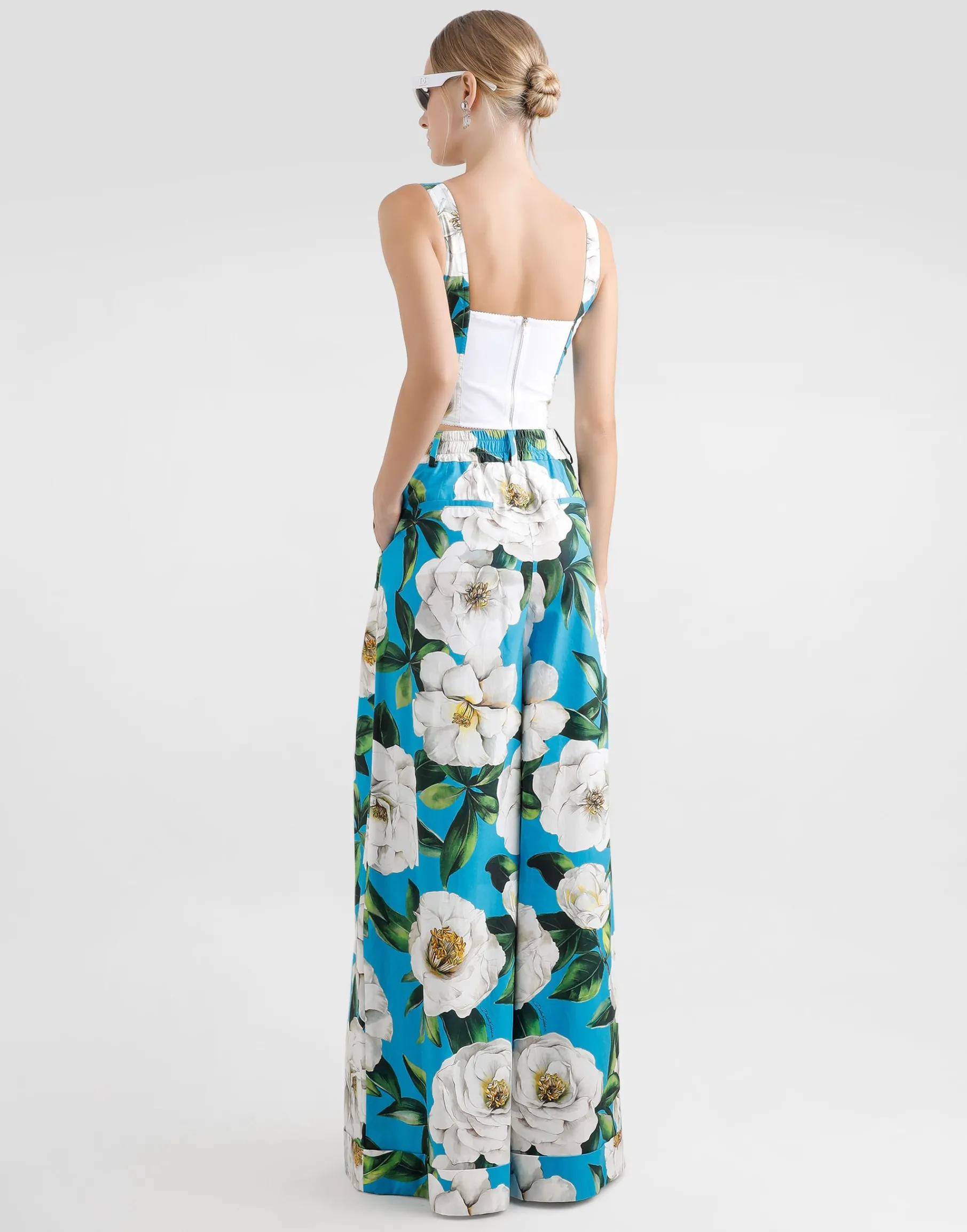Cotton palazzo pants with gardenia print