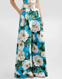 Cotton palazzo pants with gardenia print