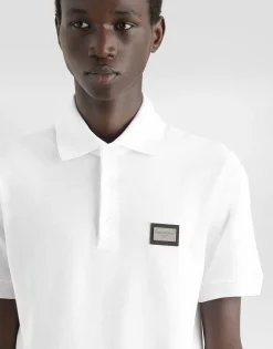 Cotton piqué polo-shirt with branded tag