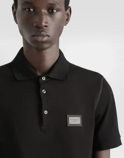 Cotton piqué polo-shirt with branded tag