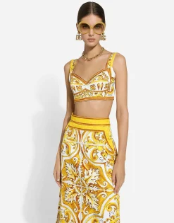 Cotton poplin corset crop top with majolica print