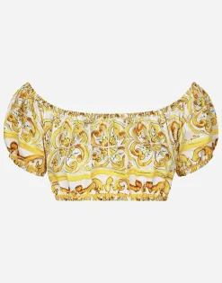 Cotton poplin crop top with majolica print